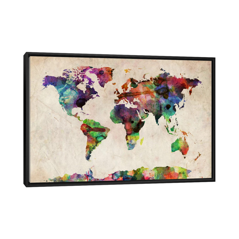 « world map urba aquarelle ii » par michael tompsett-print, H 32 po x l 48 po x P 1,5 po, Toile avec cadre noir