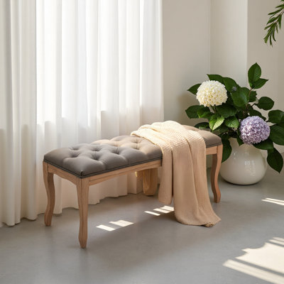 Banc de chambre à coucher, banc d'entrée touffeté de style français rétro, banc de bout de lit tapissier sculpté 43,3 po avec pieds en bois vieilli, repose-pieds en lin pour le salon