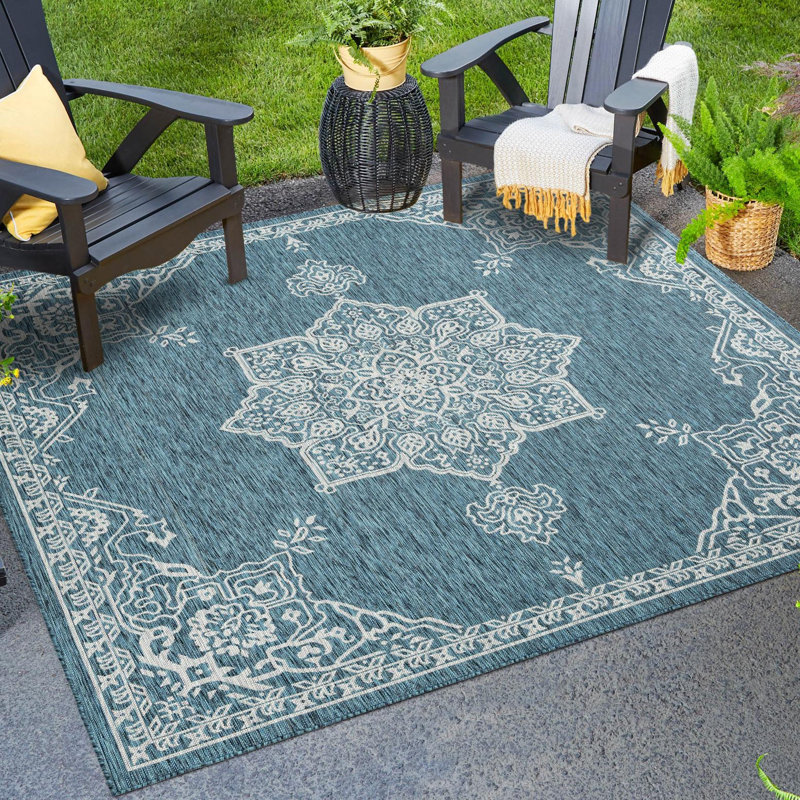 Craighead Oriental Machine Made Power Loom Polypropylene Indoor / Outdoor Area Rug in Blue/Gray, Square 10'