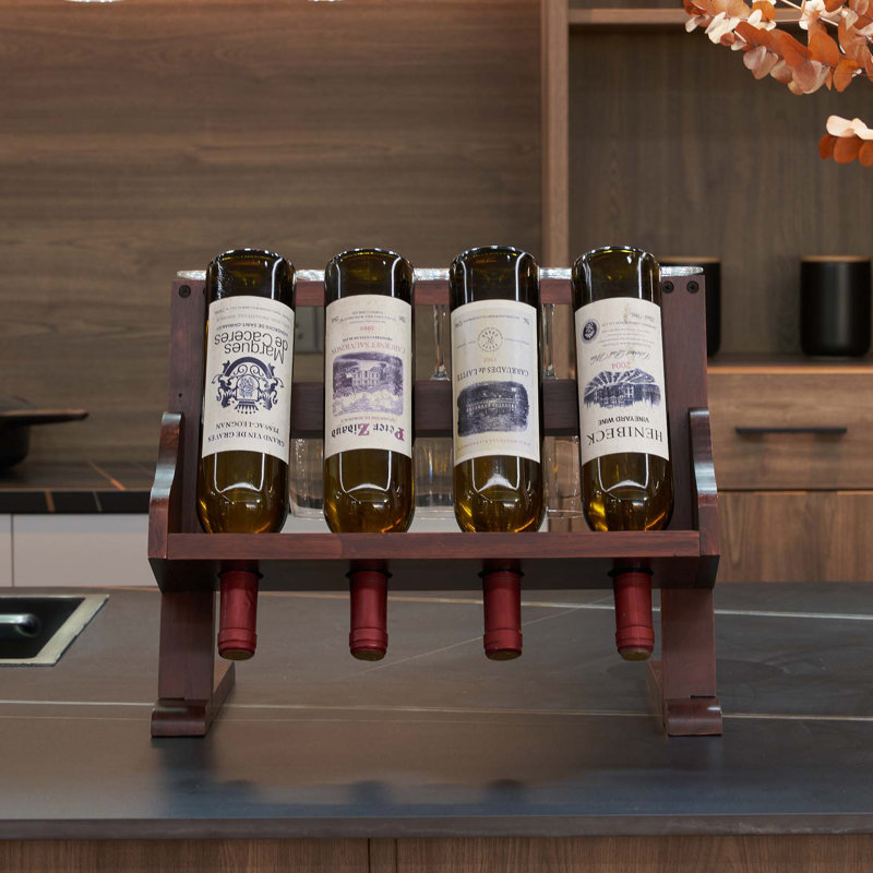 Tygan 4 Bottle Tabletop Wine Bottle & Glass Rack, Walnut