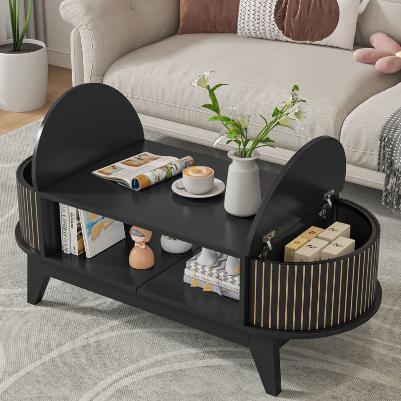 Black Oval MDF Coffee Table with Fluted Storage