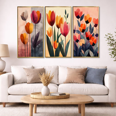 Retro Tulip Lounge Print – Tulips Framed Canvas Print Set of 3