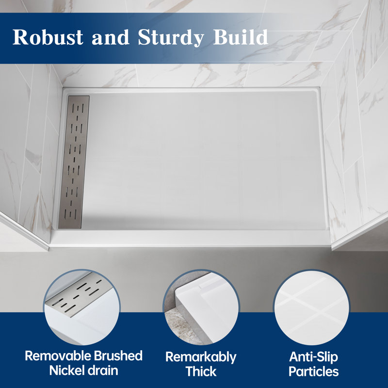60" X 30" White Shower Base, Non-Slip Design, Left