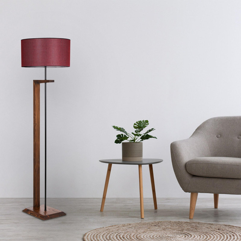 Luro Elegant Floor Lamp with Metal & Wooden Body, Walnut & Claret Red, 64.2 in Height | Fabric Cap (9.8 in Diameter) | On/Off Switch on Cable | E27 Socket, Max 60W | Stylish Lighting for Living Room & Bedroom Décor