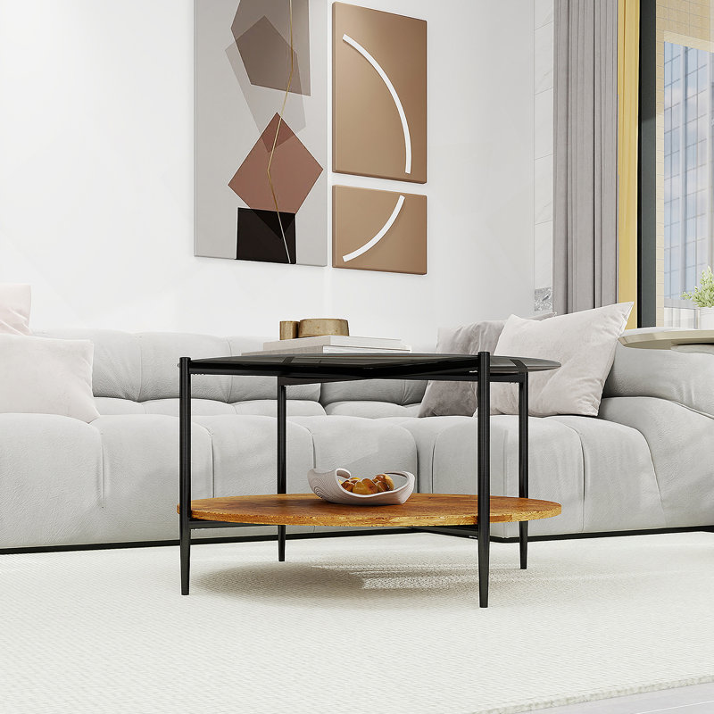 Table basse de style Mid-Century moderne avec plateau en verre + tablette de rangement en bois, structure en métal noir, conception ronde, peu encombrante, 32,28 pouces, table basse moderne de style Mid-Century noir transparent avec plateau en verre + l