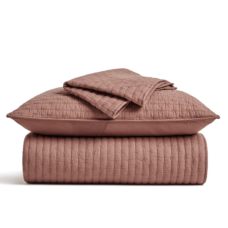 Cross Stitch Cotton Quilt set, King + 2 Shams, Terracotta Clay