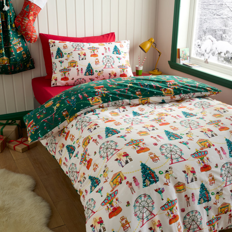 Christmas Fairground Cotton Duvet Cover Set, Double Duvet Cover Set + 1 additional Pillowcase