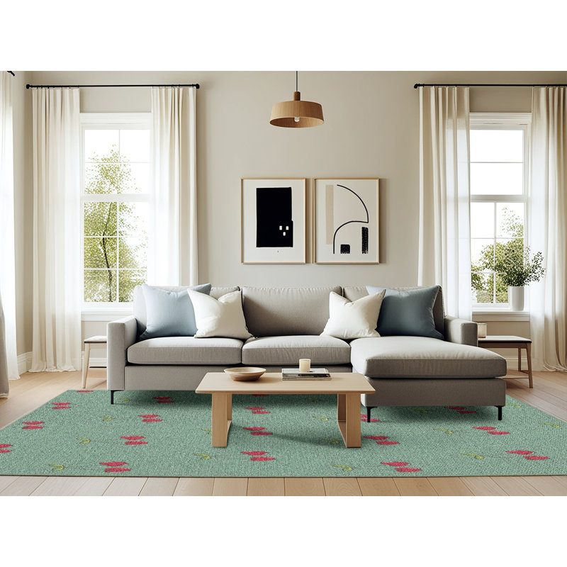 Tapis vert / rose à motifs, Rectangle 6 pi x 9 pi