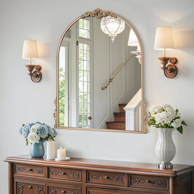 26"x 20" Vintage Metal Framed Gold Baroque Arched Decorative Wall Mounted Mirror For Living Room