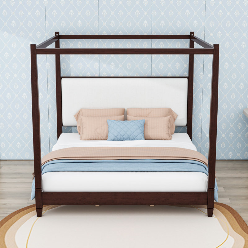 Lit plateforme élégant à baldaquin en bois avec tête de lit tapissier, Très grand lit, Espresso