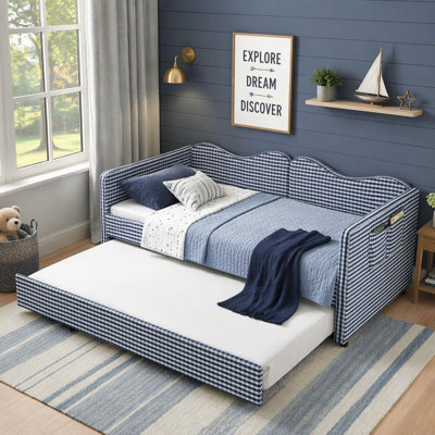 Twin-Size Gingham Upholstered Daybed with Pull-Out Trundle and Side Storage, Solid Wood Frame for Kids and Guest Rooms