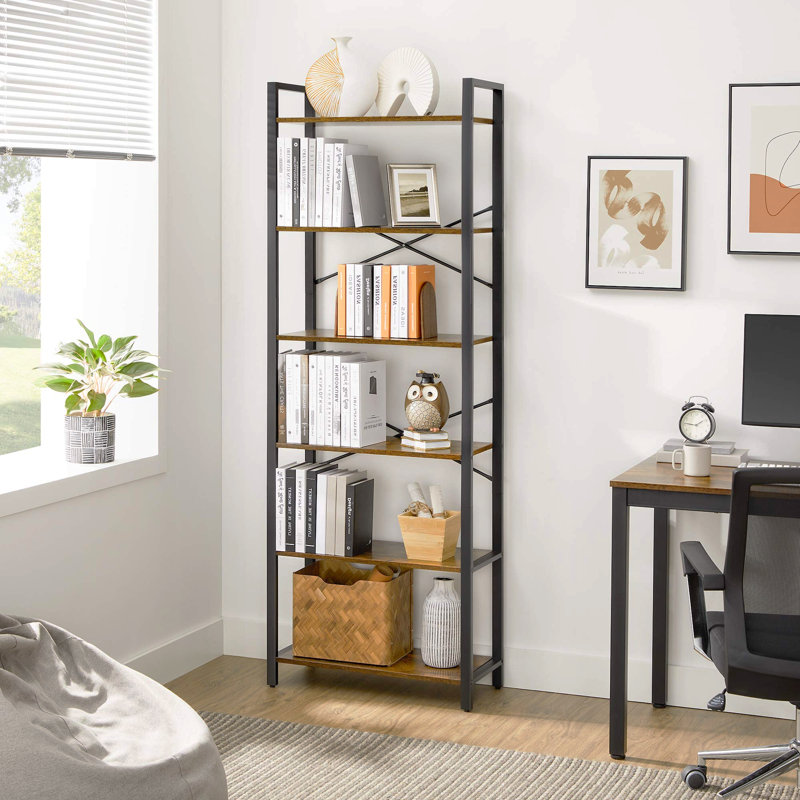 6 Tier Bookcase With Steel Frame, Free Standing Shelf, Living Room, Bedroom, Office, Industrial Design, Black Ink
