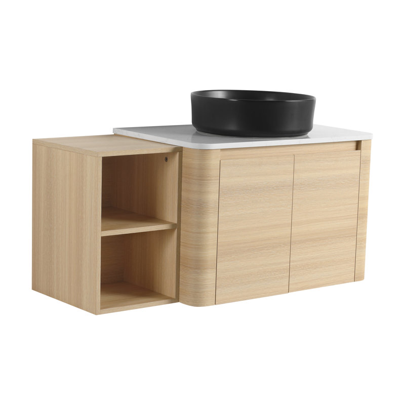Meuble-lavabo mural moderne avec lavabo en céramique, base en contreplaqué, pour un rangement peu encombrant dans la salle de bain