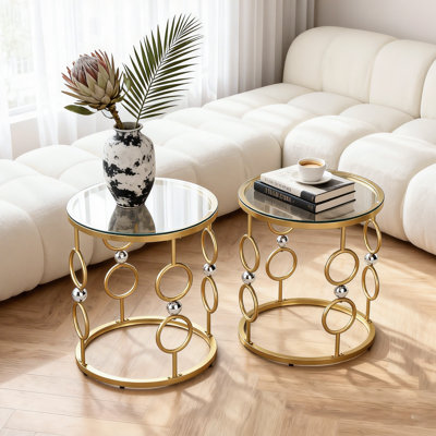 Glass End Table Set of 2, Round Side Table with Metal Frame for Living Room, Balcony, Bedroom