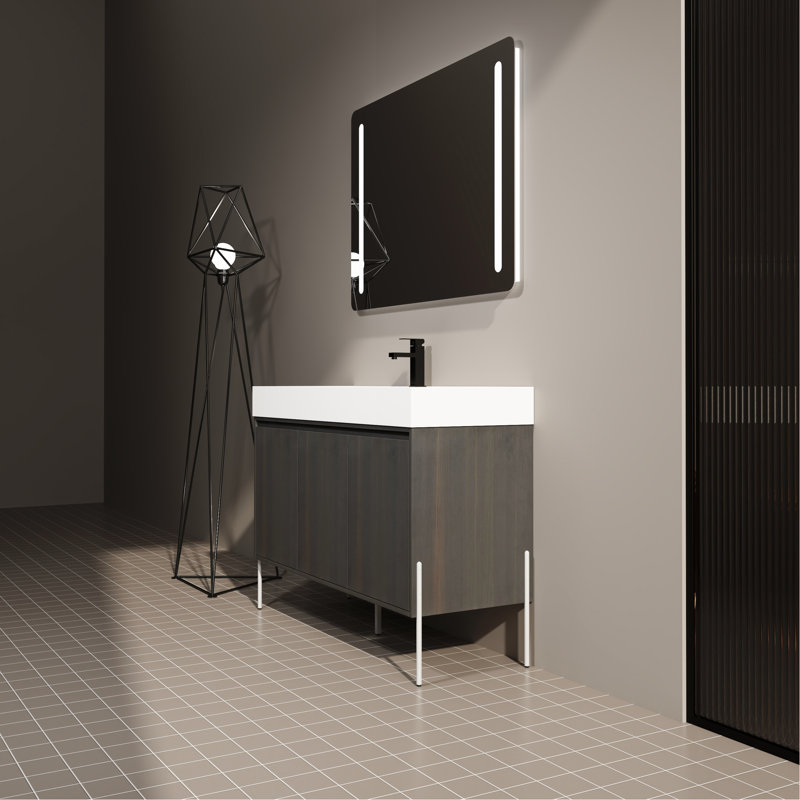 Meuble-lavabo 48 po en chêne foncé avec lavabo en résine et armoire stable