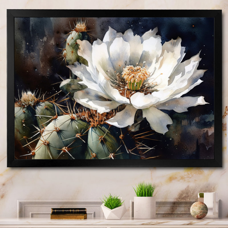 «Ryston White Green Cactus Flower IV», reproduction sur toile, H 12 po x l 20 po x P 1 po, Cadre photo noir
