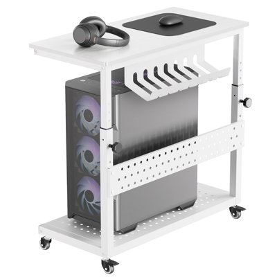 Adjustable PC Stand with Wheels, 2-Tier Rolling PC Tower Cart with Cable Management, Height Adjustable Computer Desk Stand for Home Office Gaming, White