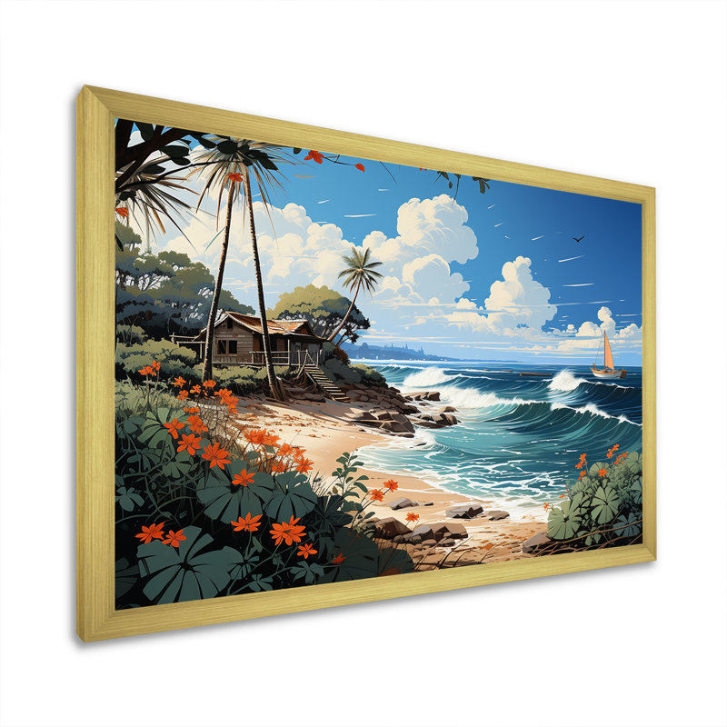 Turquoise Seaside Trek II - reproductions d'art mural nautique et plage, H 30 po x l 40 po x P 1,5 po, Cadre doré simple