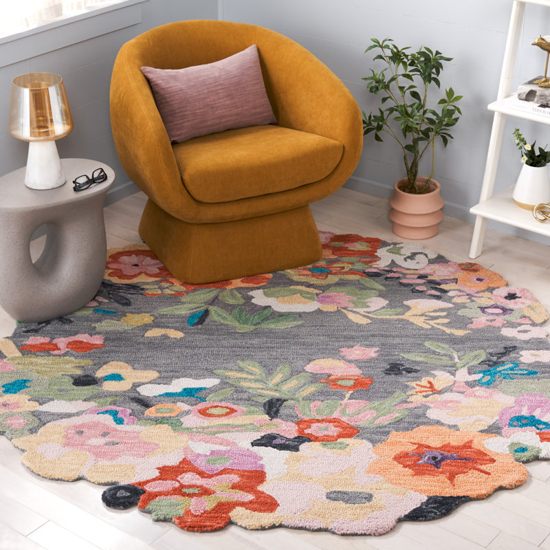 Floral rug wool/cotton hand tufted Garden in Gray/Pink, Round 6'