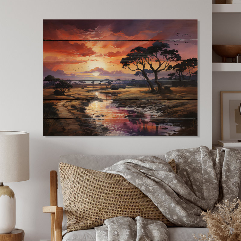 Serengeti africain, coucher de soleil sur bois, H 30 po x l 40 po x P 0,78 po
