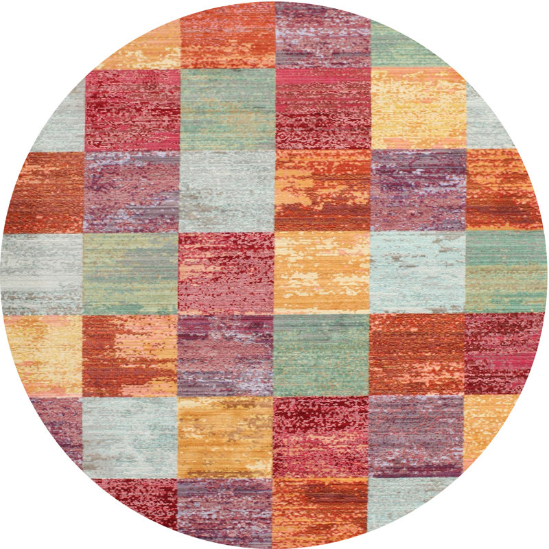 Tapis contemporain rouge / jaune, Rond 3 pi