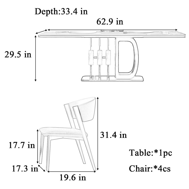 Table et chaise haut de gamme rectangulaire légère de luxe, H 29,5 po x L 62,9 po x l 33,4 po, Blanc