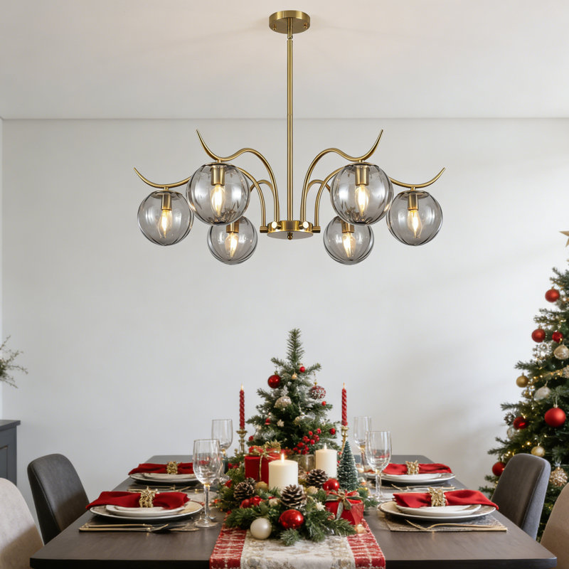 33.85 In. 6-Light Sputnik Sphere Modern Glass Bubble Chandelier With Round Glass Shades For Dining Living Room 