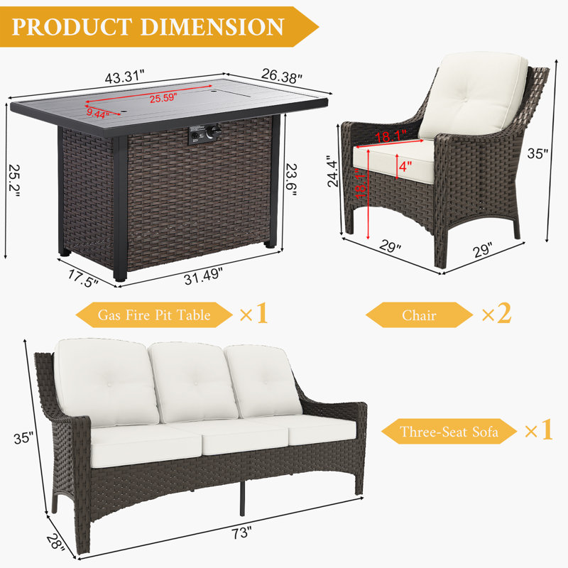 Ensemble de conversation 4 pièces pour patio d'extérieur moderne en osier 4 pièces 50 000 BTU 43 po et certification CSA