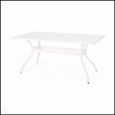 Durable Cast Aluminum Phoenix Rectangular Outdoor Dining Table with Intricate Lattice Design and Umbrella Holder