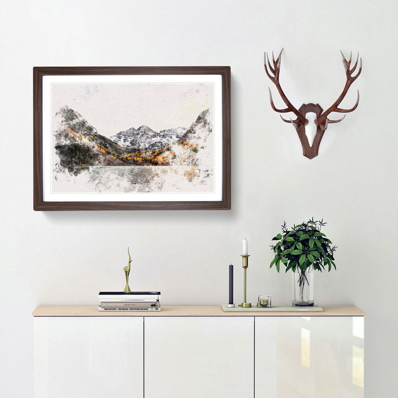 Maroon Bells Mountains in Colorado Watercolour - Picture Frame Graphic Art Print, 33cm H x 45cm W x 2cm D, Walnut Framed