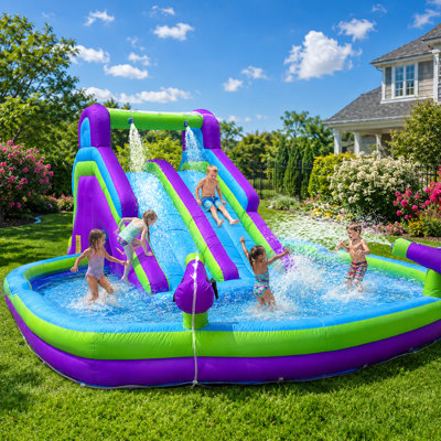 Inflatable Double Water Slide with Climbing Wall, Splash Pool & Blower Included, Oxford Backyard Water Park for Kids, Purple & Green