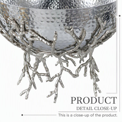 Bol décoratif élégant en aluminium nickelé argenté avec support en brindilles pour une décoration intérieure moderne et une utilisation polyvalente