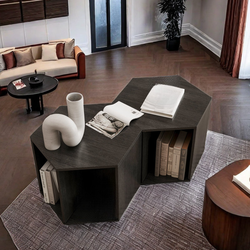 Set Of 2 Hexagonal Coffee Tables With A Storage Shelf, Black/Brown