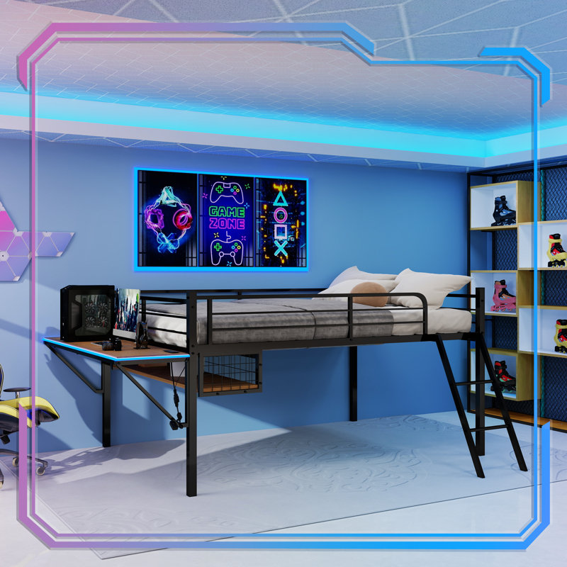 Lit mezzanine double en métal avec bureau intégré et bande lumineuse à DEL, cadre de lit mezzanine avec garde-corps de sécurité, échelle inclinée et espace de rangement sous le lit, aucun sommier nécessaire