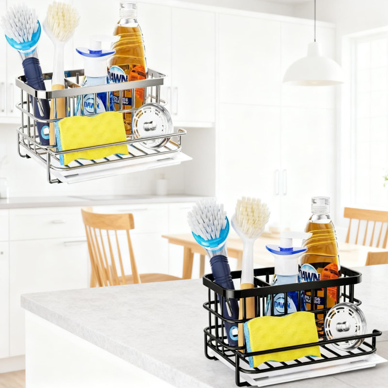 Ensemble de 2 éviers de cuisine en acier inoxydable avec plateau de drain, organisateur d'évier à 3 compartiments pour éponges, brosses et bouteilles de savon, solution de rangement de comptoir antirouille