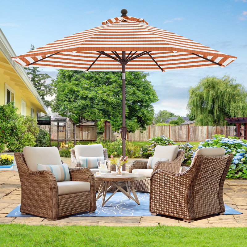 Parasol de marché en oléfine de 2,74 m (9 pi) avec inclinaison et levage à manivelle, Rayures terre cuite
