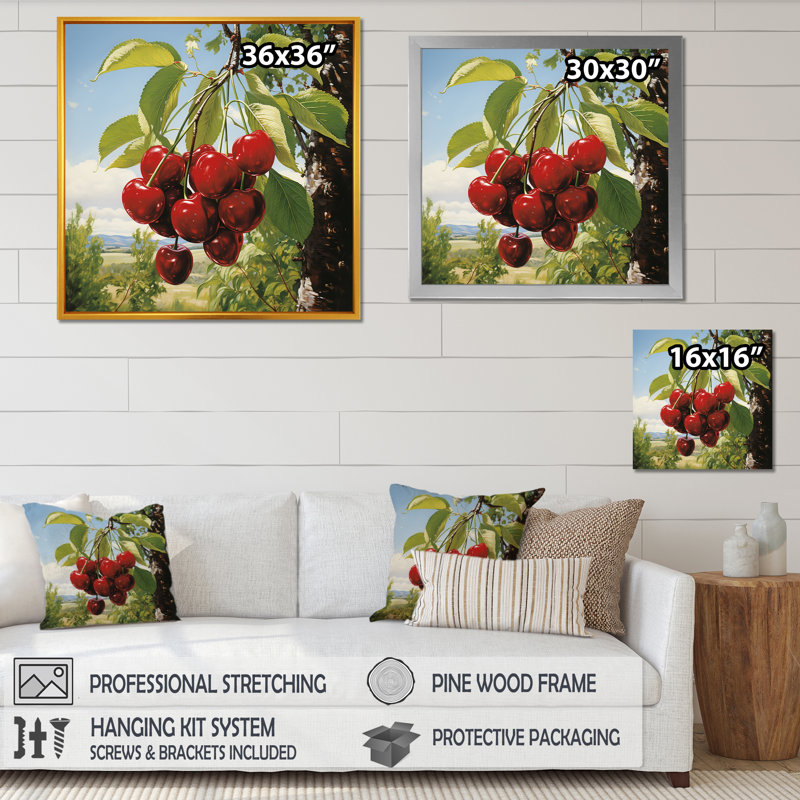 Red Cherry Tree Explosion 4 - Art mural cerise, H 16 po x l 16 po x P 1 po, Toile tendue