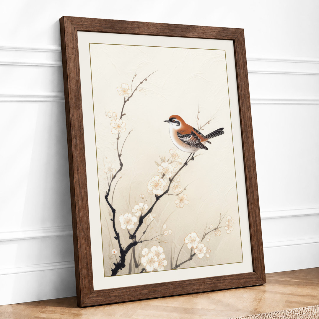 Bird on Blossoming Branch Japandi - Framed Print