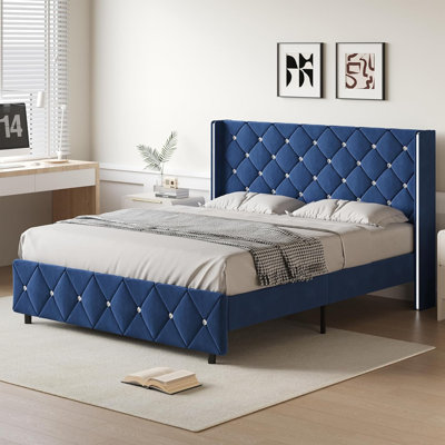 Upholstered Bed Frame With Diamond Tufted Headboard, Modern Wingback, No Box Spring Needed