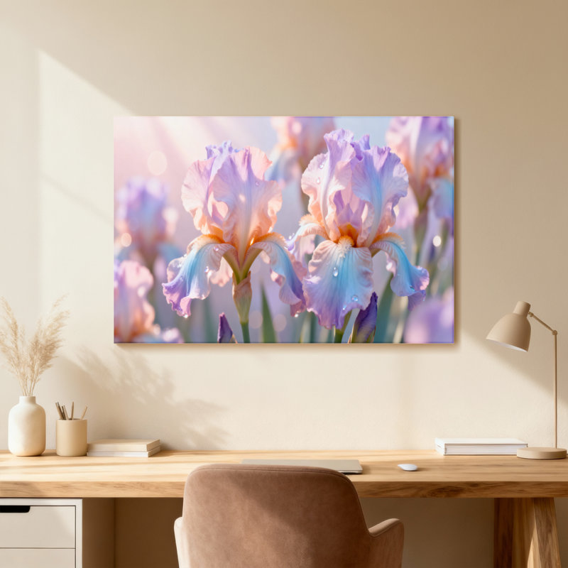 Plantes et fleurs fleurs d'iris pastel avec gouttes de rosée, Reproduction encadrée d'une seule photo sans pass