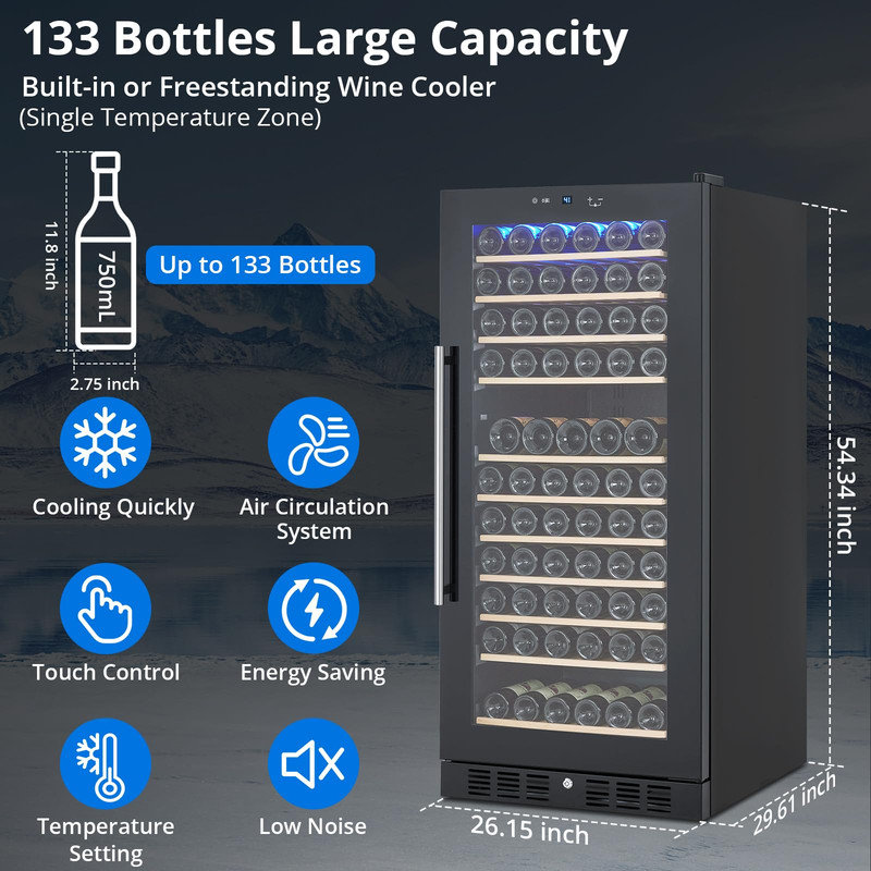 133 Bottle Freestanding Wine Cellar – Tall Cabinet with Adjustable Wooden Shelves & Digital Temperature Control (41–64°F) for Home Bar or Kitchen