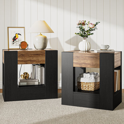 Set of 2 Thick Wood Modern Nightstand With Charging Station, 24" Wide Bedside Table Featuring Drawers and Open Storage Shelf