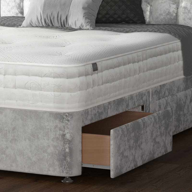 Falconer Upholstered Divan Bed, Double (4'6), Silver, 2 Foot-end Drawers