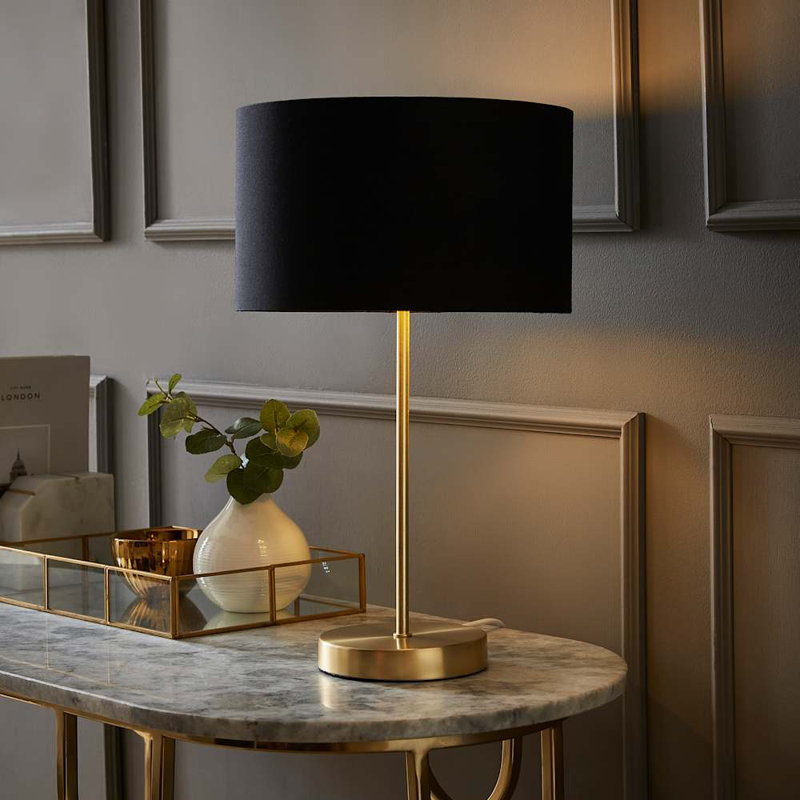 Dadiva Brushed Chrome Stem Table Lamp with Velvet Reni Shade, Gold Base/Black Shade, 43cm H x 25 cm W x 25cm D, Yes