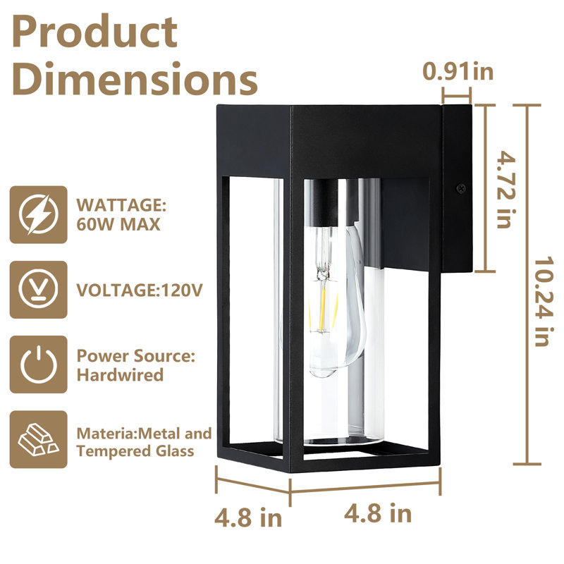 Matte Black Modern Outdoor Wall Lantern - Waterproof Rectangular Metal With Glass Shade Wall Sconce For Porch, Entryway, Garage