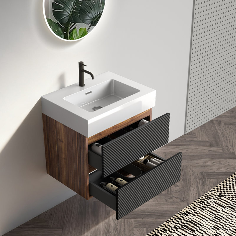 Meuble-lavabo mural flottant 24 po avec double tiroir noir doux | Idée de cadeau