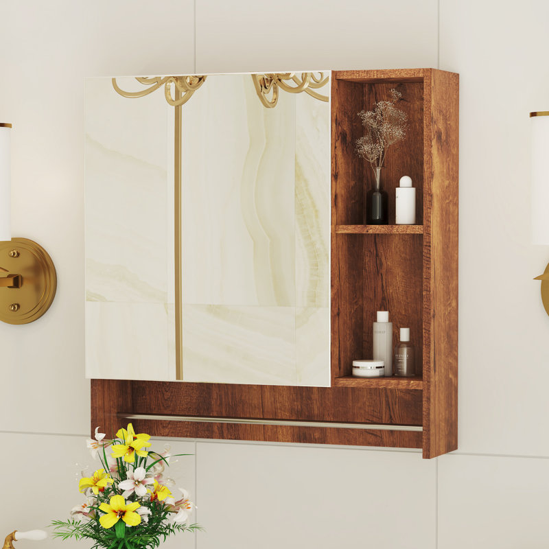 Armoire de rangement pour salle de bain avec miroir et armoire à serviettes pour salle de bain, Noyer