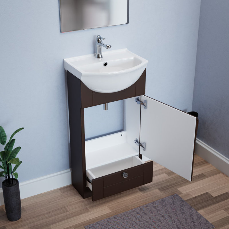 Eustice Small White Ceramic Bathroom Vanity Cabinet Sink with Faucet and Drain, Dark Oak