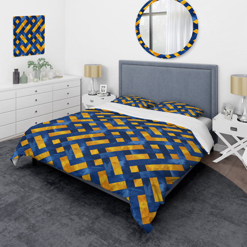 Ensemble de housse de couette moderne bleu et jaune à motif de paniers I, Housse de couette pour grand lit + 2 taies décora