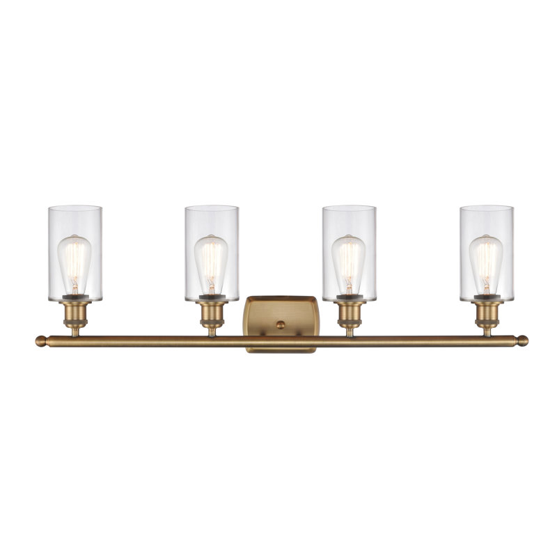 Éclairage de salle de bain à intensité variable à 4 lumières Mallette, Laiton brossé, Transparent, Ampoule DEL 6 watts Vinage